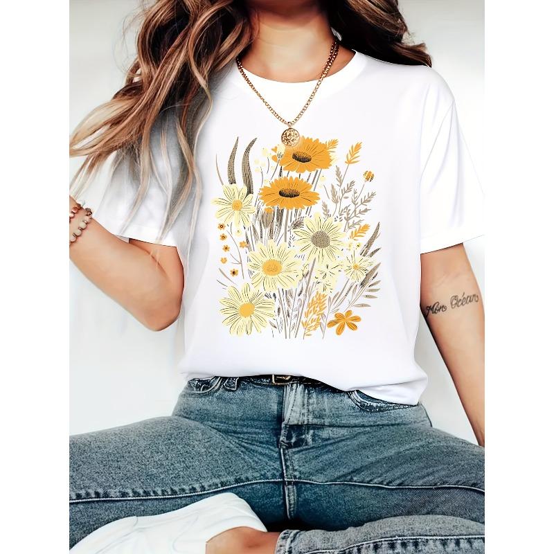 Womens Vintage Wildflower Print Tee Spring Blooms Cottagecore Bohemian Plant Floral Design Gardener Gift Casual Top