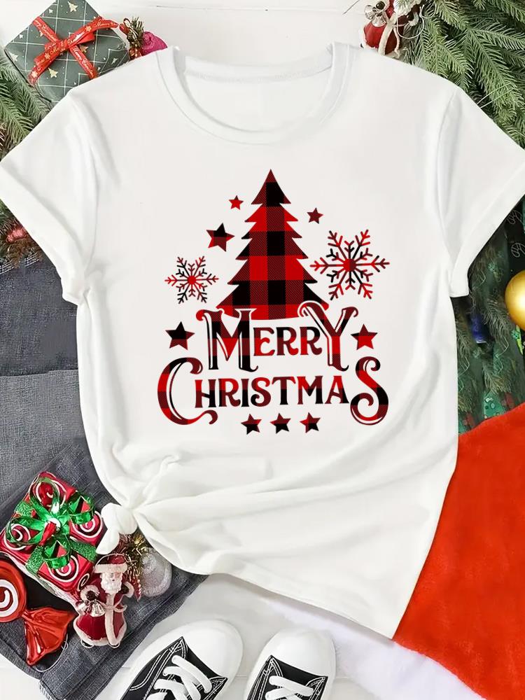 (Asian Size) Print merry Christmas o-neck Women's Top new year T Clothing tree sweet 90s  Short Sleeve T-shirts Fashion holiday Graphic Tee