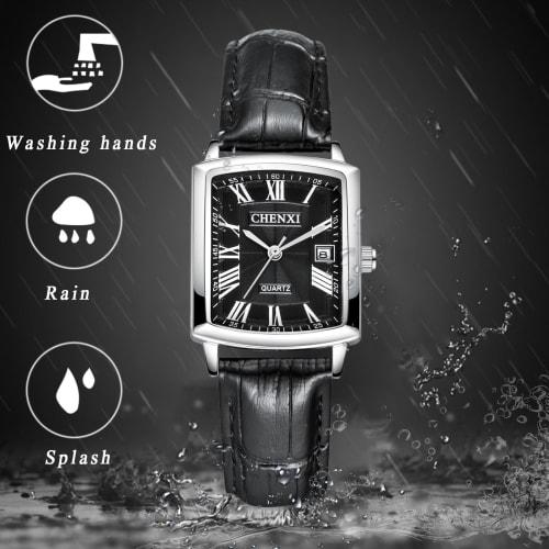 Women's Square Watch with Leather Strap: Couple's Watch with Roman Numerals, Date Display, Analog Quartz Movement, Waterproof Watch with Easy-to-Read