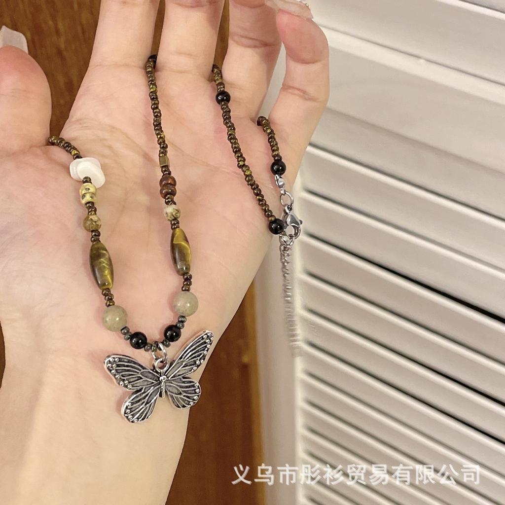 New Chinese Retro Beaded Butterfly Necklace Female Summer Ethnic Style Niche Design Sense Ancient Style Zen Chinese Style Accessories