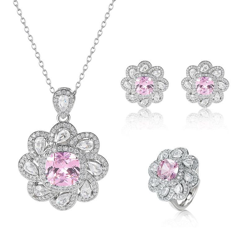 Slightly inlaid pink zircon ring, bright rich flower pendant, necklace, European and American style noble earrings.