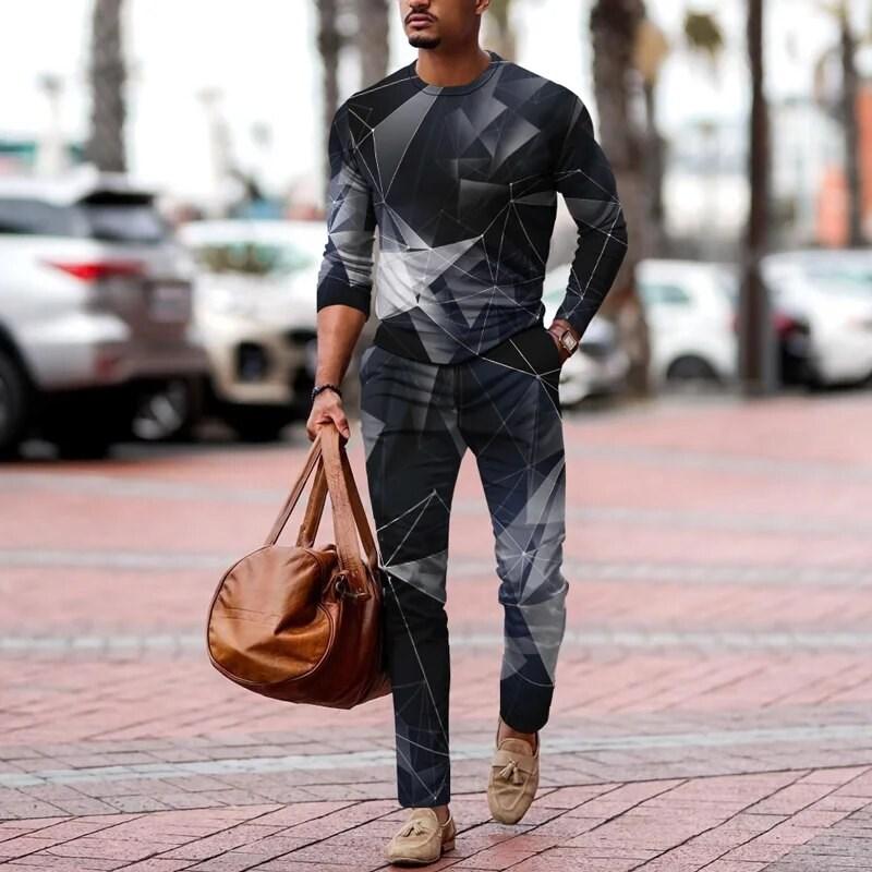 2024 Men's Long Sleeve T-shirt Two-piece European Charm 3d Printed Pattern Popular Street Wear  Loose Suit