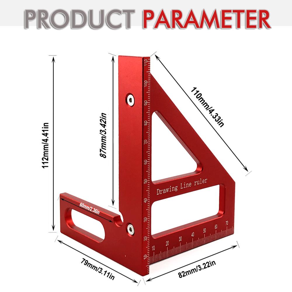 Aluminum Alloy Red Miter Triangle Ruler 45°/90° Woodworking Square Protractor - 3D Multi Angle Layout Measuring Tools