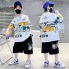 Boys Summer Alphabet Picture Printed T-Shirt Tops+Shorts Pant School Kids 2PCS Tracksuit Child Outfits Workout Set