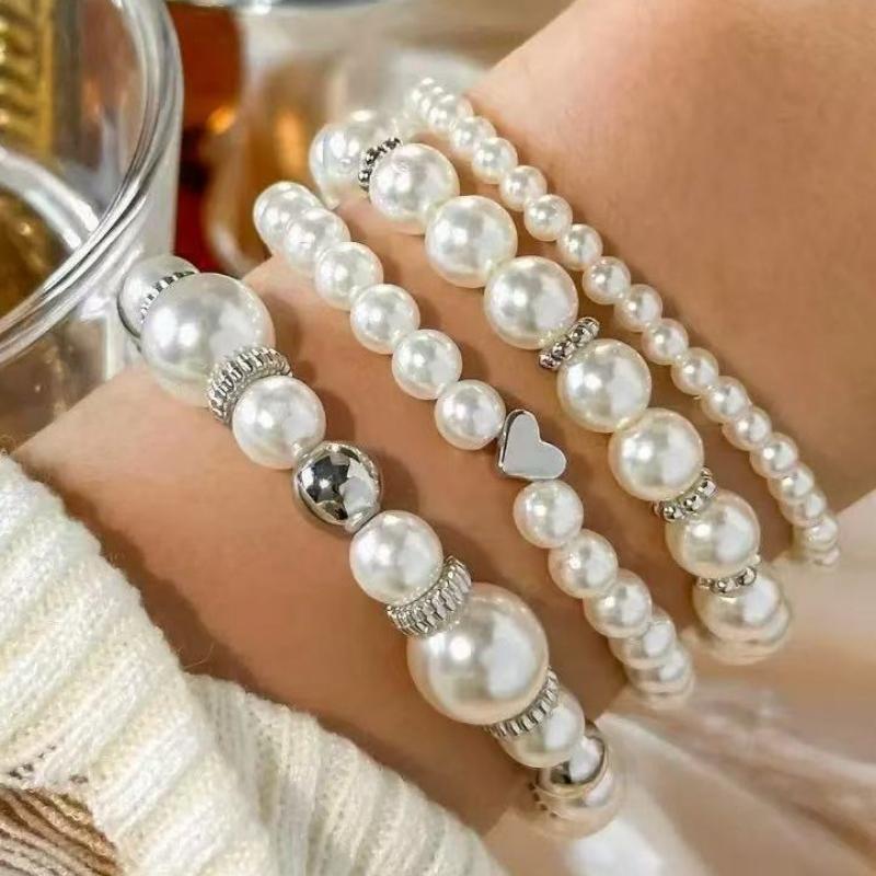 Popular Fashion 4-piece Set, Love Imitation Pearl Bracelet Set, Women's Bracelet, Jewelry Set.