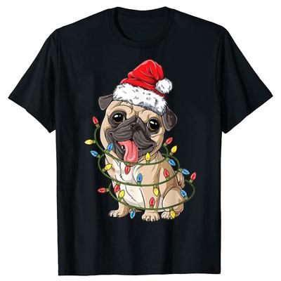 Christmas Pug With Christmas Lights Santa Hat Xmas Pug Dog T Shirt Mens Cotton Oversized Printing T Shirts Harajuku Tshirt