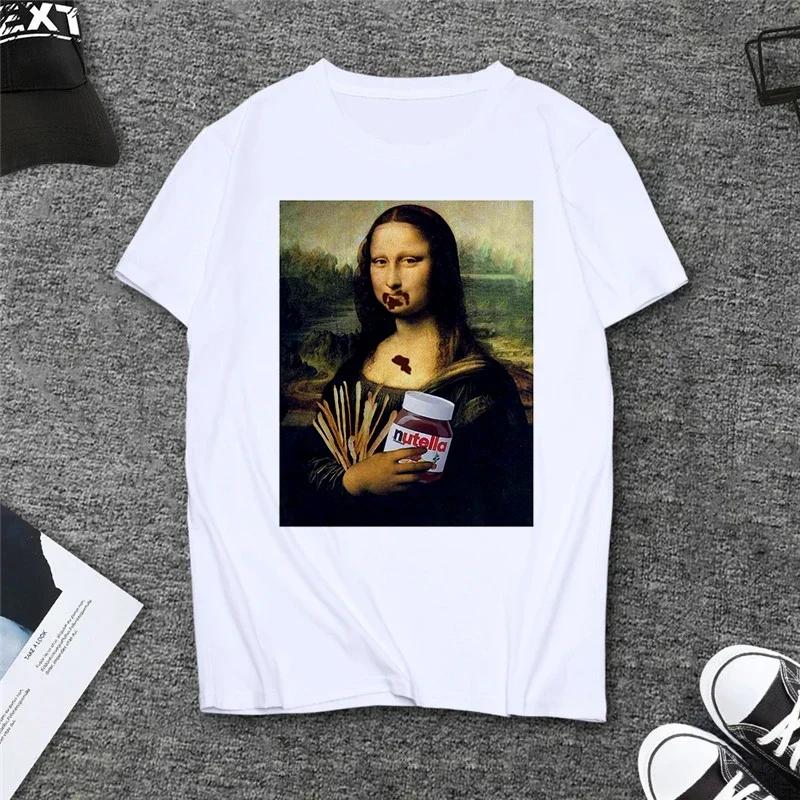 Verão Paródia Mona Lisa Bebendo Cerveja Estampa Camisetas Mulheres Estética Engraçado Casual Mangas Curtas Tops Feminino Mangas Harajuku