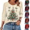 Women's Fashion Casual 3/4 Christmas Print Color Shirt Women's Round Neck Tops