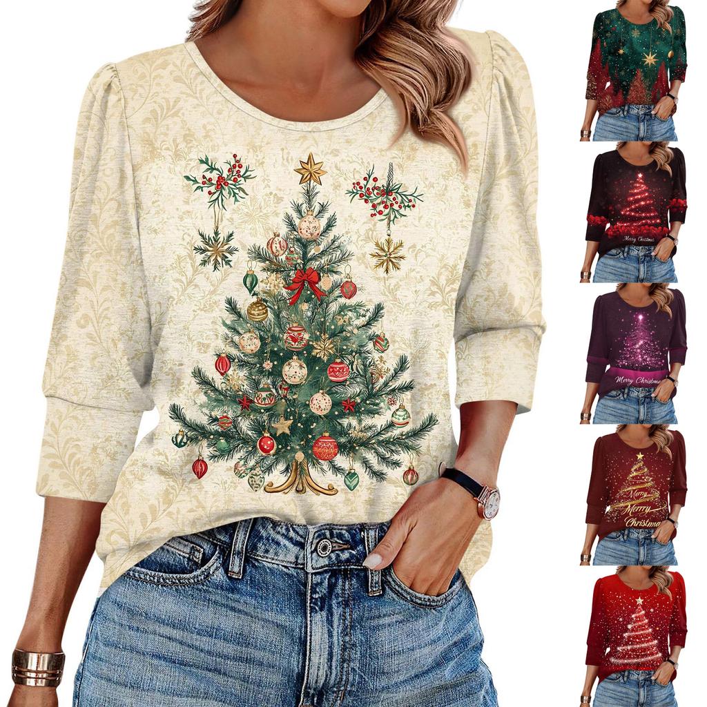 Women's Fashion Casual 3/4 Christmas Print Color Shirt Women's Round Neck Tops