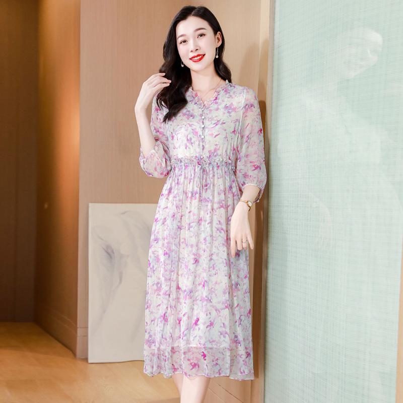 Summer silk dress V-neck temperament elegant intellectual mulberry silk dress printed lace-up skirt