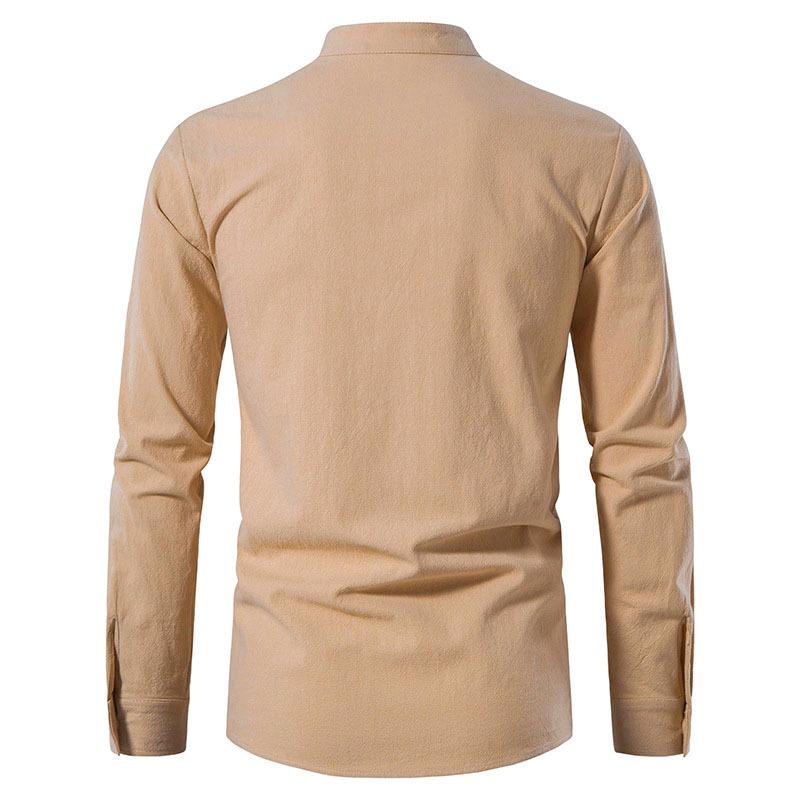 Chemise Henley en coton pour homme, à manches longues, décontractée, avec col montant et cordon de serrage.