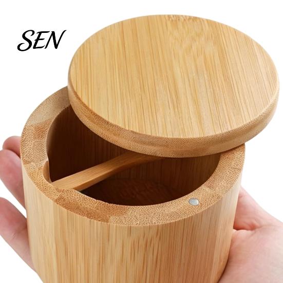 Decorative Wood Spice Keeper Salt Container with Swivel Magnetic Lid, Built-in Spoon Seasoning Lid Condiment Holder Jar, Moisture Proof for