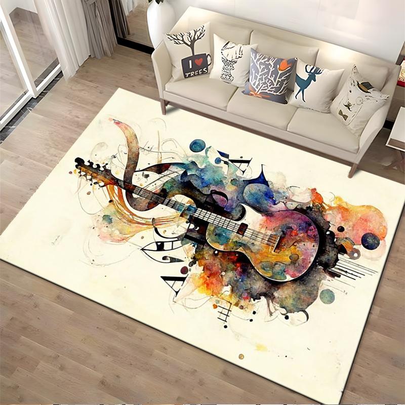 Colorful Artistic Guitar Watercolor Pattern Abstract Music Carpet Design Suitable for Use As an Anti-slip for Living Room Bedroom Sofas