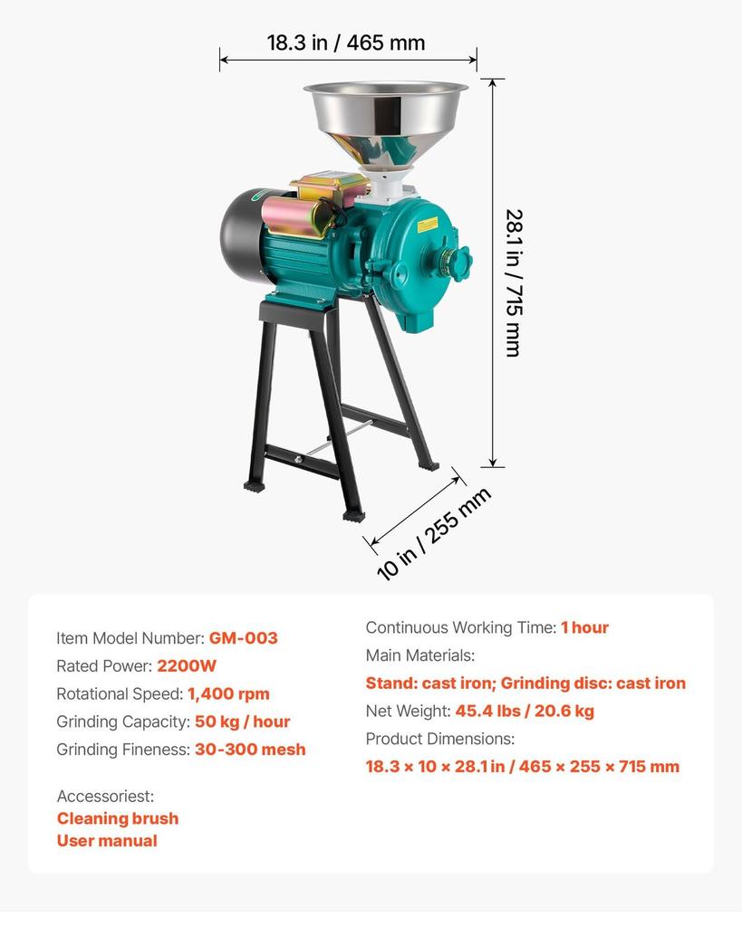 Electric Grain Mill Grinder, 110 lbs/H Commercial Spice Grinders, 2200W Cast Iron Pulverizer Powder Machine with Non-Slip Rubber Feet, for Dry Grains,