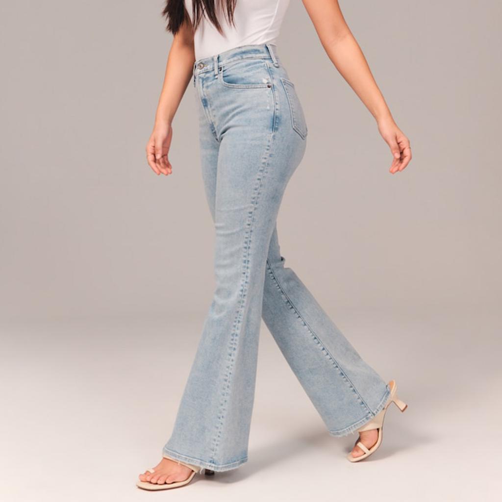 Women's Button Stretch Flare Jeans Pull On Jeans Denim Pants Regular Fit Jean