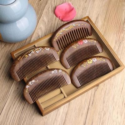 Hot Gold Sandalwood Sandalwood Hair Comb Gold Branches Pink Plum Blossom Wood Combs Thickened Hair Brush Gift