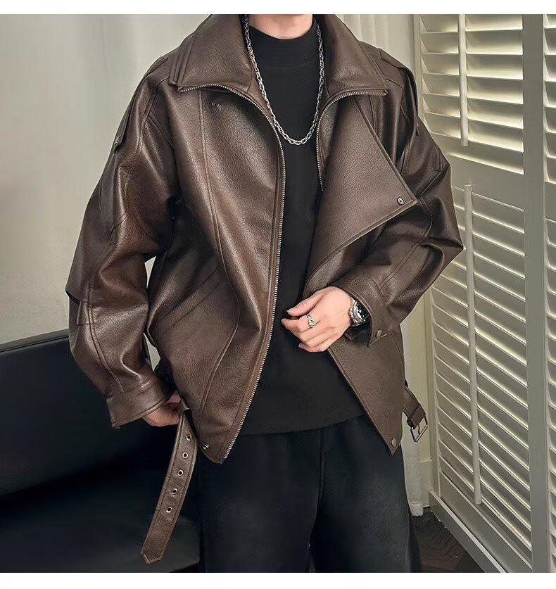 Men s European & American Style PU Leather Lapel Jacket - Trendy Cool Motorcycle Shirt 2XL кофейный