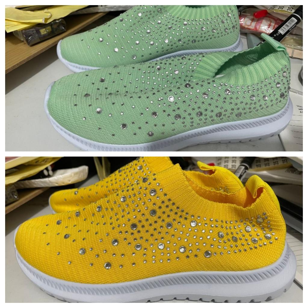 Women's Lightweight Breathable Mesh Elastic Casual Shoes Striped Rainbow Rhinestone Shoes