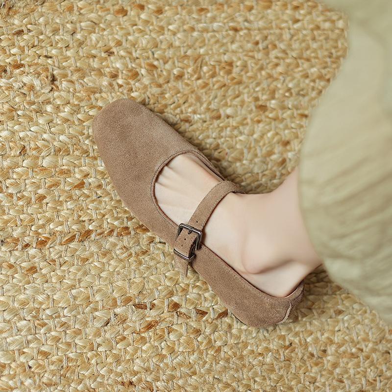 Fashion Women Mary Jane Ballet Shoes Cow Suede Genuine Leather Flats Woman Classic Square Toe Fashion Street Flats Ladies Soft Loafers