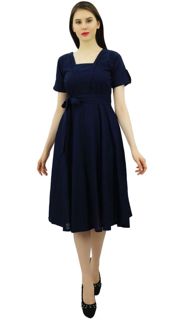 Bimba Damen Kurzarm Leinen Etuikleid Mit Gürtel Freizeitkleider