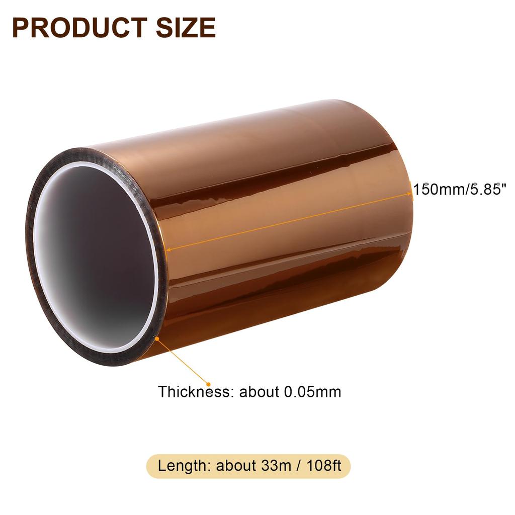 Uxcell Taśma odporna na ciepło 1 opakowanie Taśma samoprzylepna z folii poliimidowej wysokotemperaturowej 150 mm x 33 m - Taśma, (108 stóp)