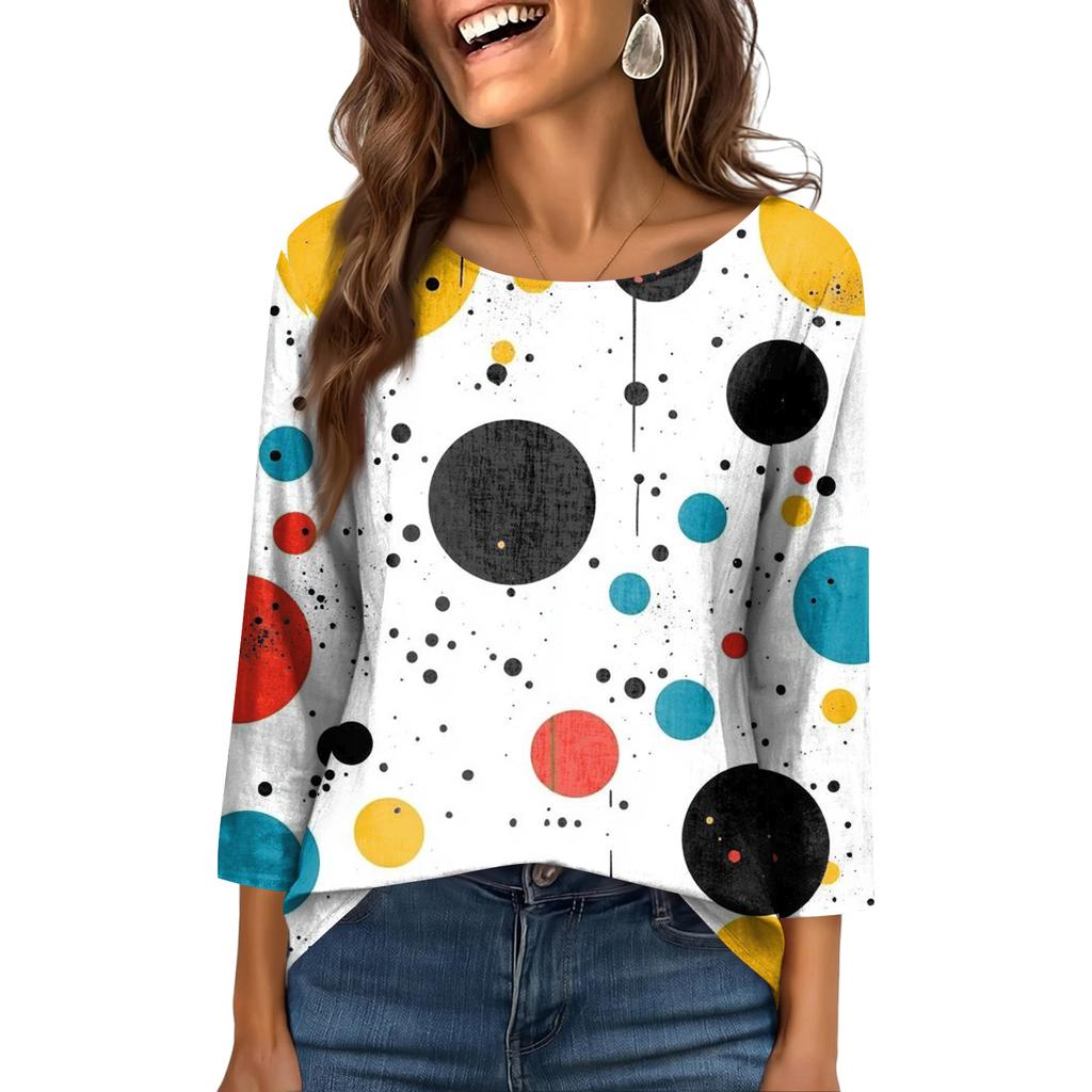 Women's Fashionable Casual Round Neck  3/4 Sleeve  Printed T-Shirt Top