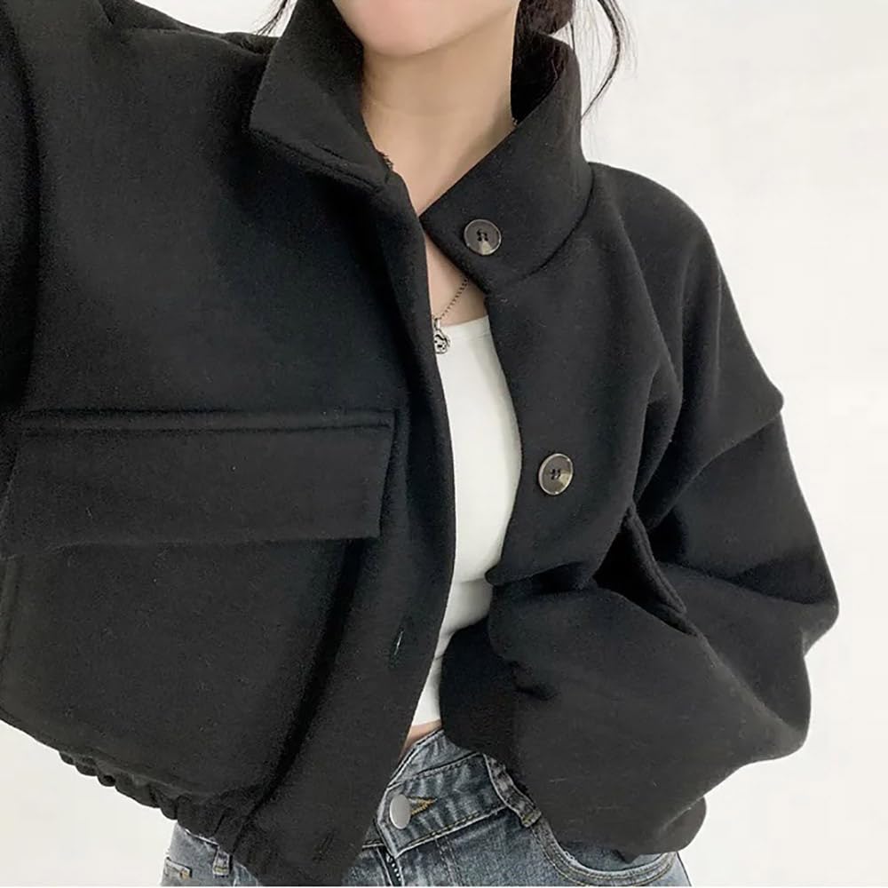 Women's Short Stand Collar Lazy Style Loose Casual Woolen Coat