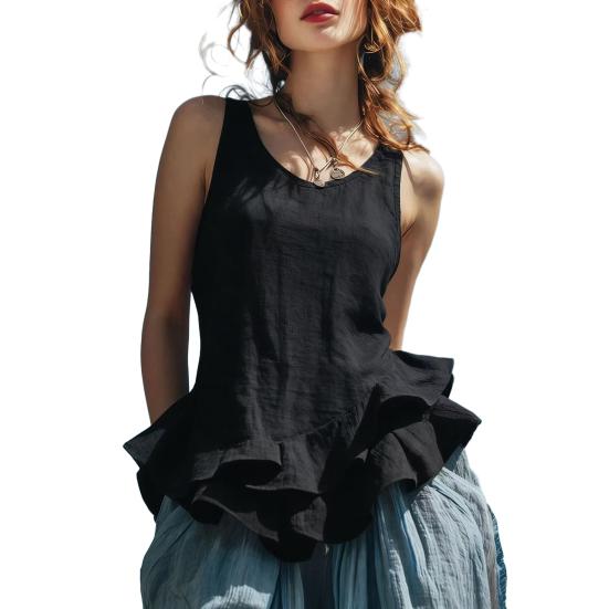 Women Tops Solid Color Loose Fit Breathable Casual Blouse O-Neck Sleeveless Ruffle Splicing Hem Summer Vest Daily Wear