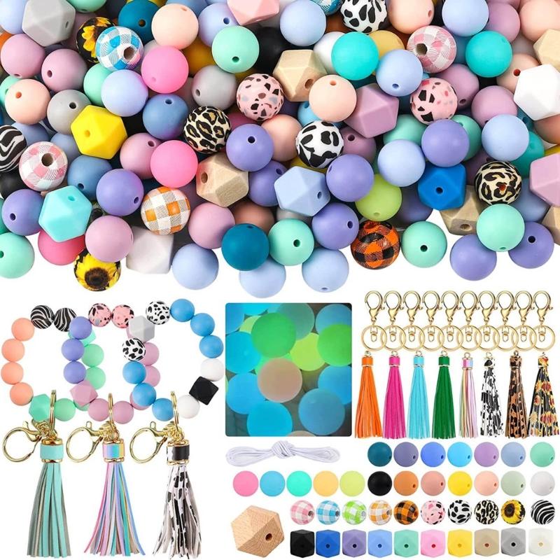 221Pieces Loose Silicone Beads Set Geometric Silicone Beads with 5m Rope for Jewellery Making Necklace Bracelet Crafts