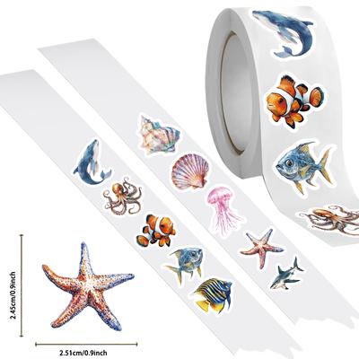 500PCS Ocean Animal Stickers Roll Cute Cartoon Round Marine Sea Animal Sticker Fish Decals for Teacher Reward School Supplies