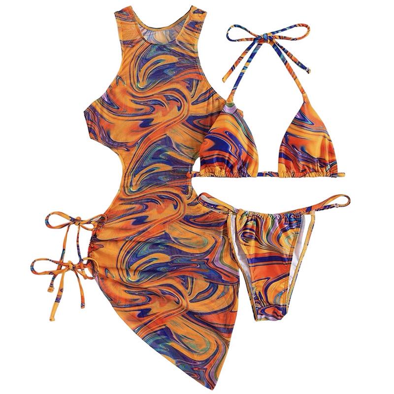 

Оранжевый тай-дай сексуальный набор бикини: Купальник из трех частей в европейско-американском стиле для пляжа и горячих источников Small оранжевый