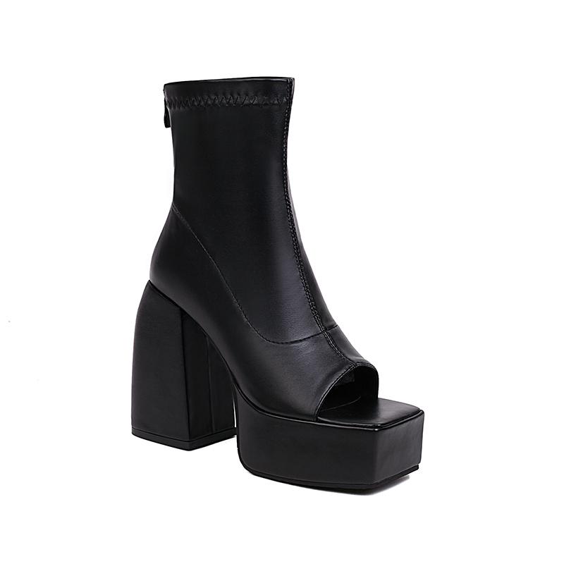 

Super High Profiled Thick Heel Microfiber Material Breathable Summer Mid-Boots Square Toe Waterproof Platform Peep Toe Boots 34 чорний