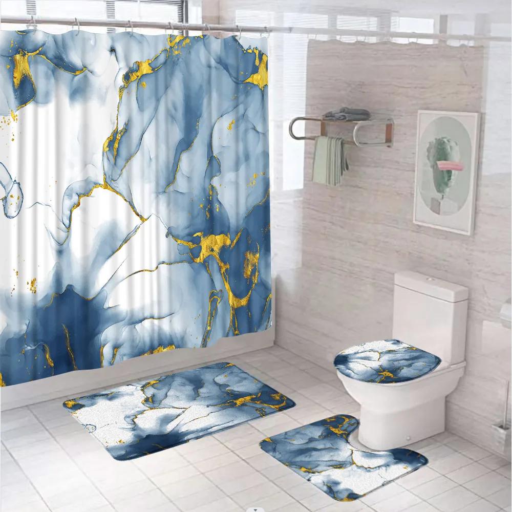 Marbling 3D Shower Curtains Luxury Marble Blue Golden Veins Bath Mats Set Pedestal Rug Toilet Cover Bathroom Curtain With Hooks
