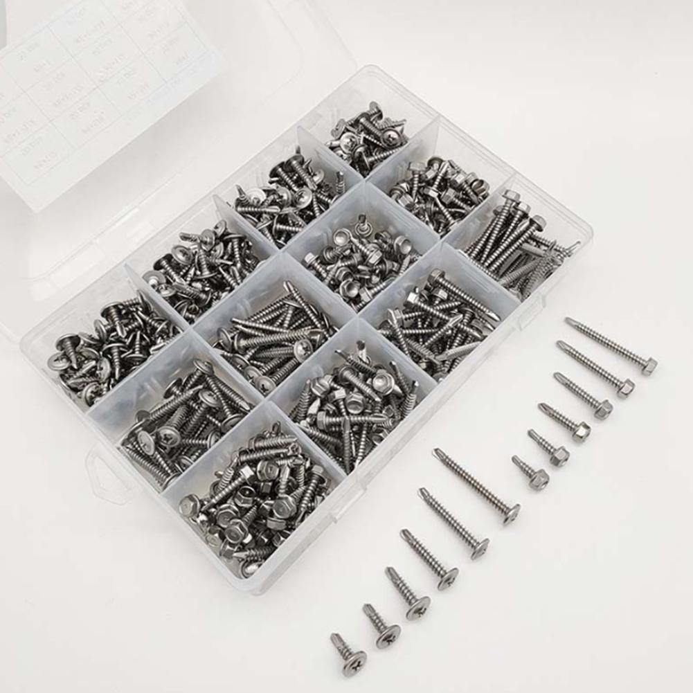 400pcs 410 Stainless-Steel Hexagonal With Round Head Cross Drilling Screws With Washer Furniture, DIY And Other Scenarios