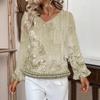 Women's Casual Fashion Ruffle V-Neck Pocket Retro Print Long Sleeve Top