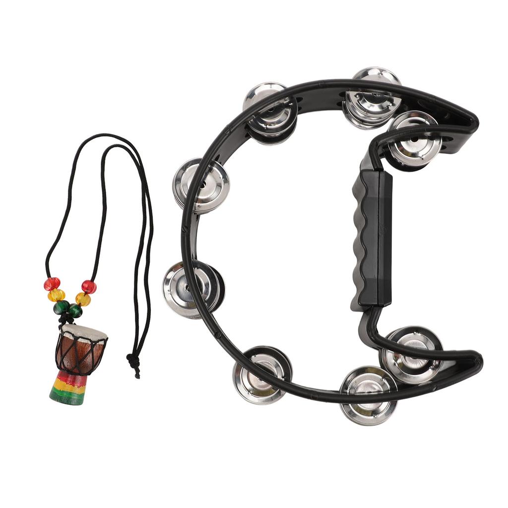 Handheld Tambourine with Hanging Decor Metal Bells Half Moon Drum Black Hand Percussion Instrument for Party Dance