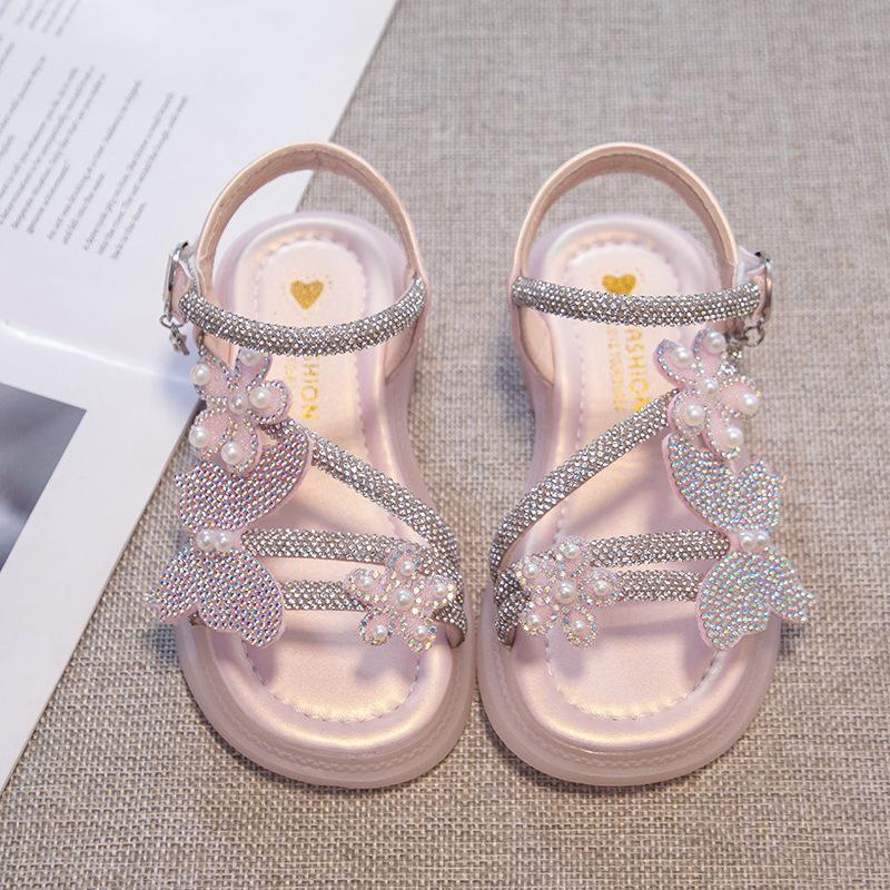 Girls  Non-Slip Soft Sole Crystal Roman Sandals (2026) - Elegant Summer Princess Shoes 30 розовый