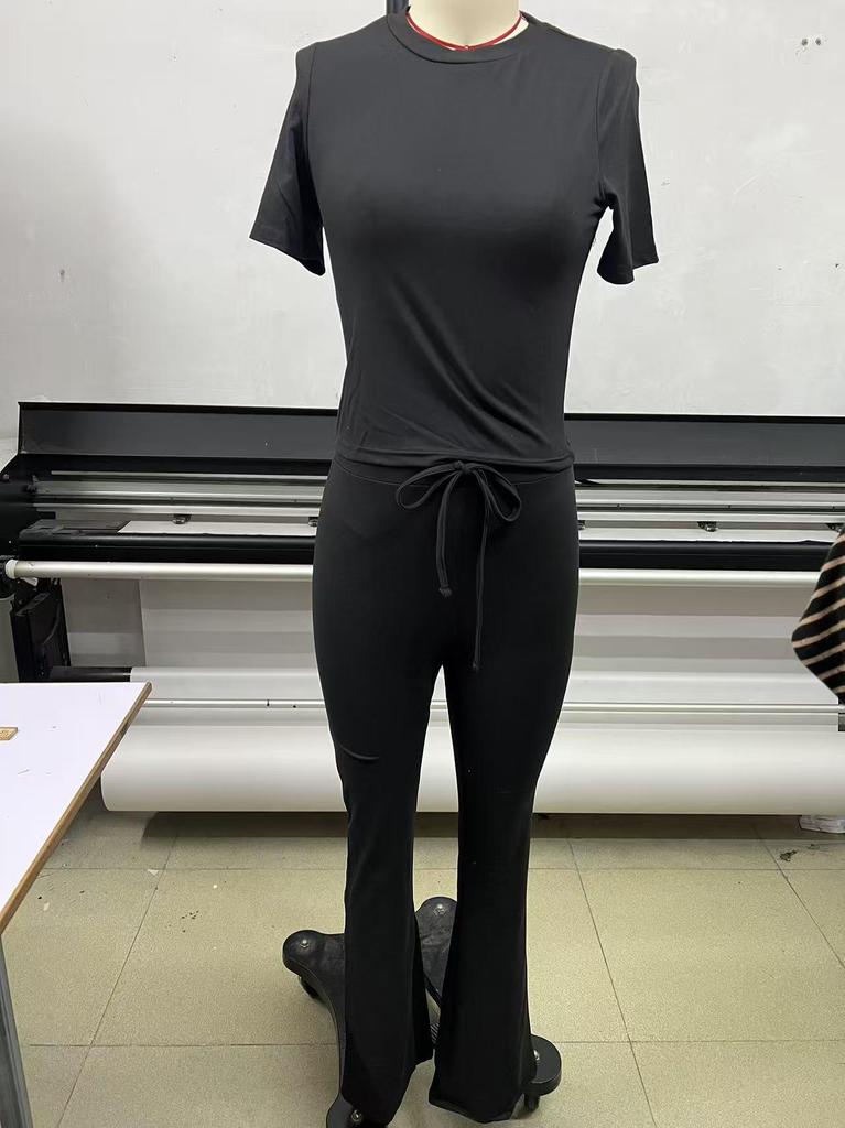 2025 European & American Women's Spring/Summer Solid Color Round Neck Set - Short Sleeve Top & Long Pants