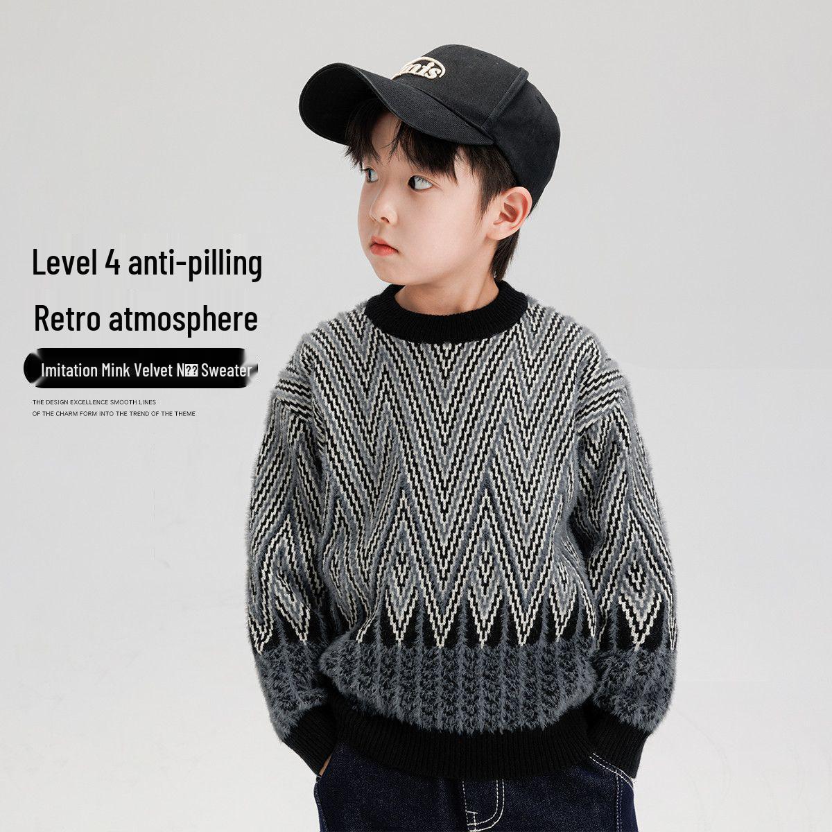 

Зима 2024 Свитер из арктического флиса для мальчиков в стиле ретро с цветными блоками и волнообразным жаккардовым узором 160 чёрный