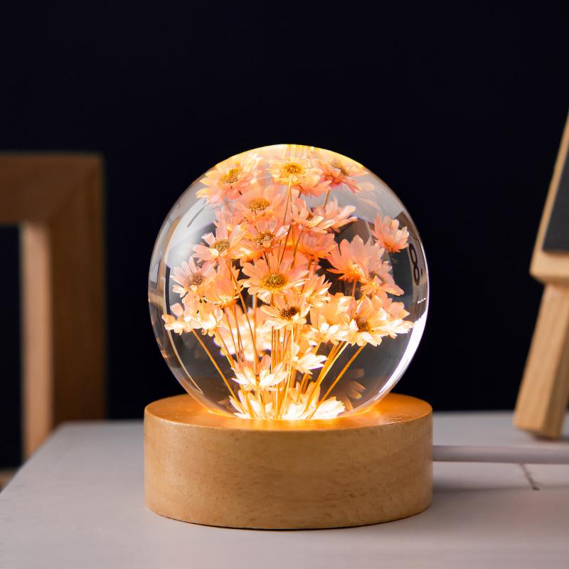Dandelion Crystal Ball Night Light with Preserved Flower