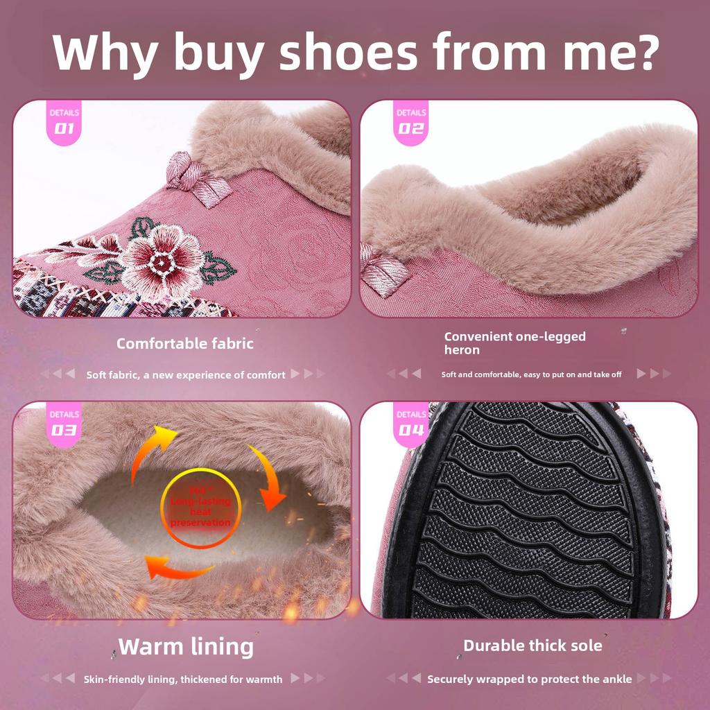 Traditional Style Embroidered Plush Shoes | Gray Fabric with Floral Embroidery & Fleece Collar