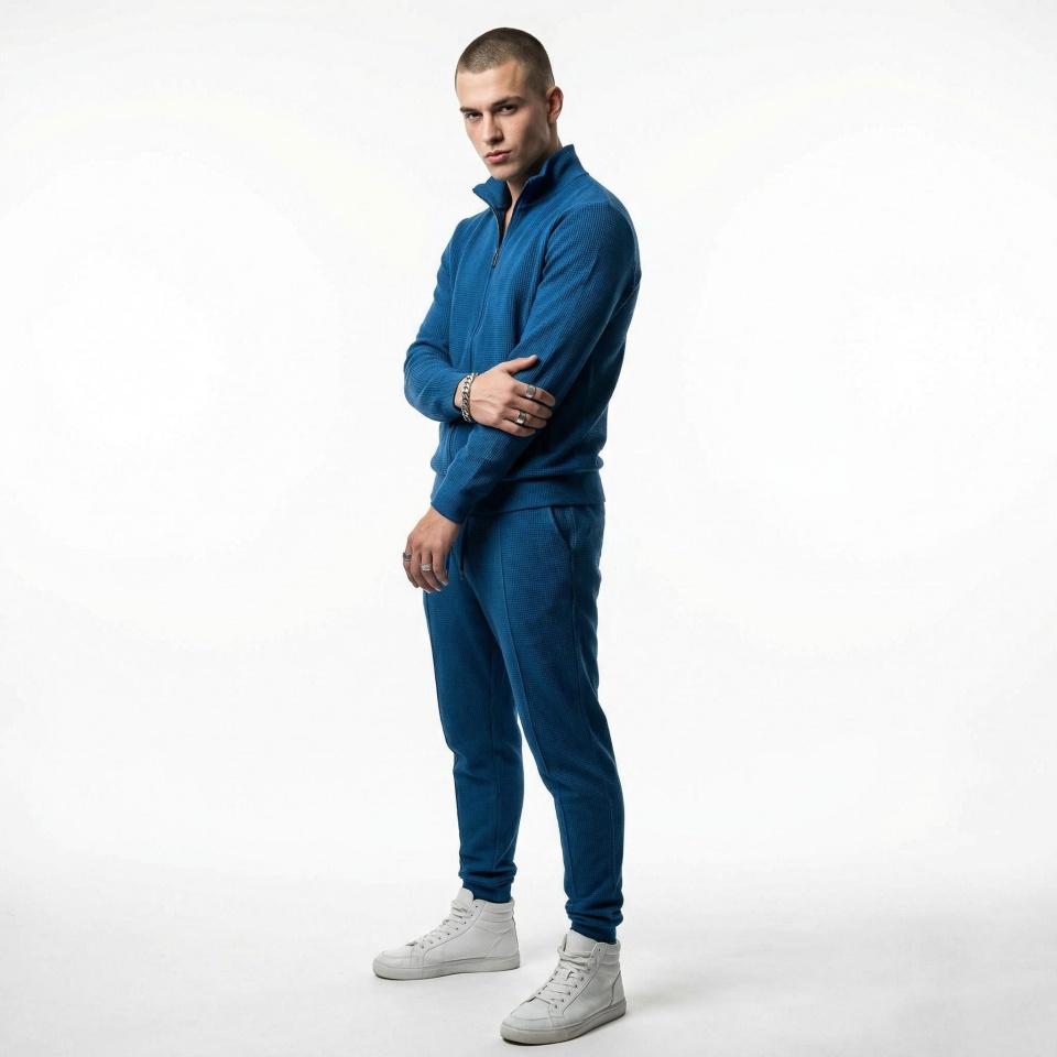 

Men’s White Waffle Knit Tracksuit Set – Zip-Up Collar Jacket & Drawstring Joggers, Premium Cotton Blend Sportswear for Casual, Gym, Streetwear XXL синій
