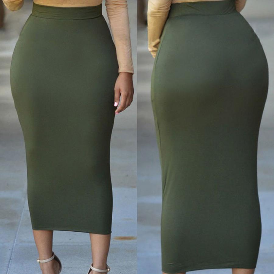 

Fall Solid Color High Waist Pencil Skirt Midi Dress Women s Fashion,autumn,tight Fit,knee Length 2XL зелений