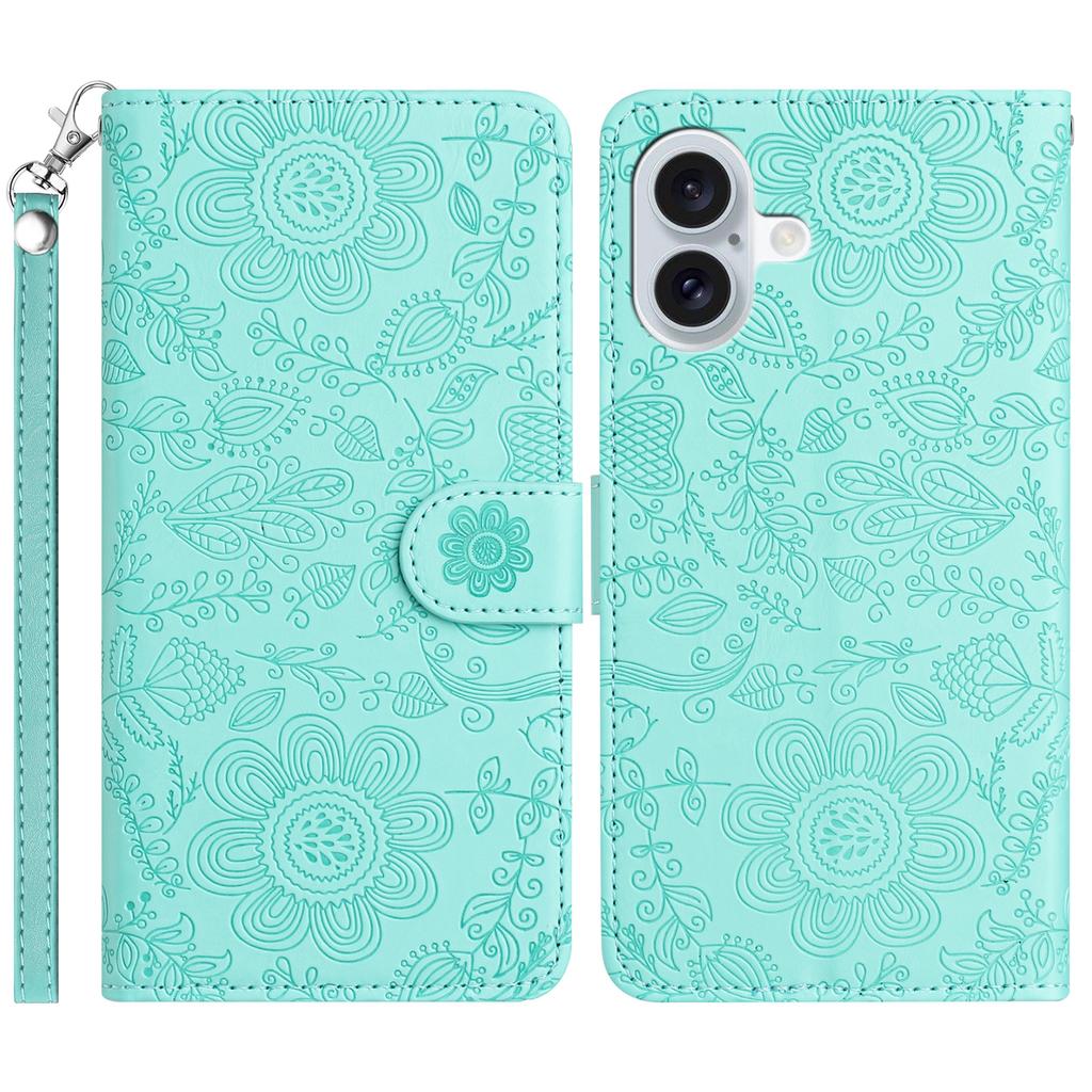 For iPhone 16 Plus Case Flower Imprint Leather Flip Wallet Phone Cover with Wrist Strap