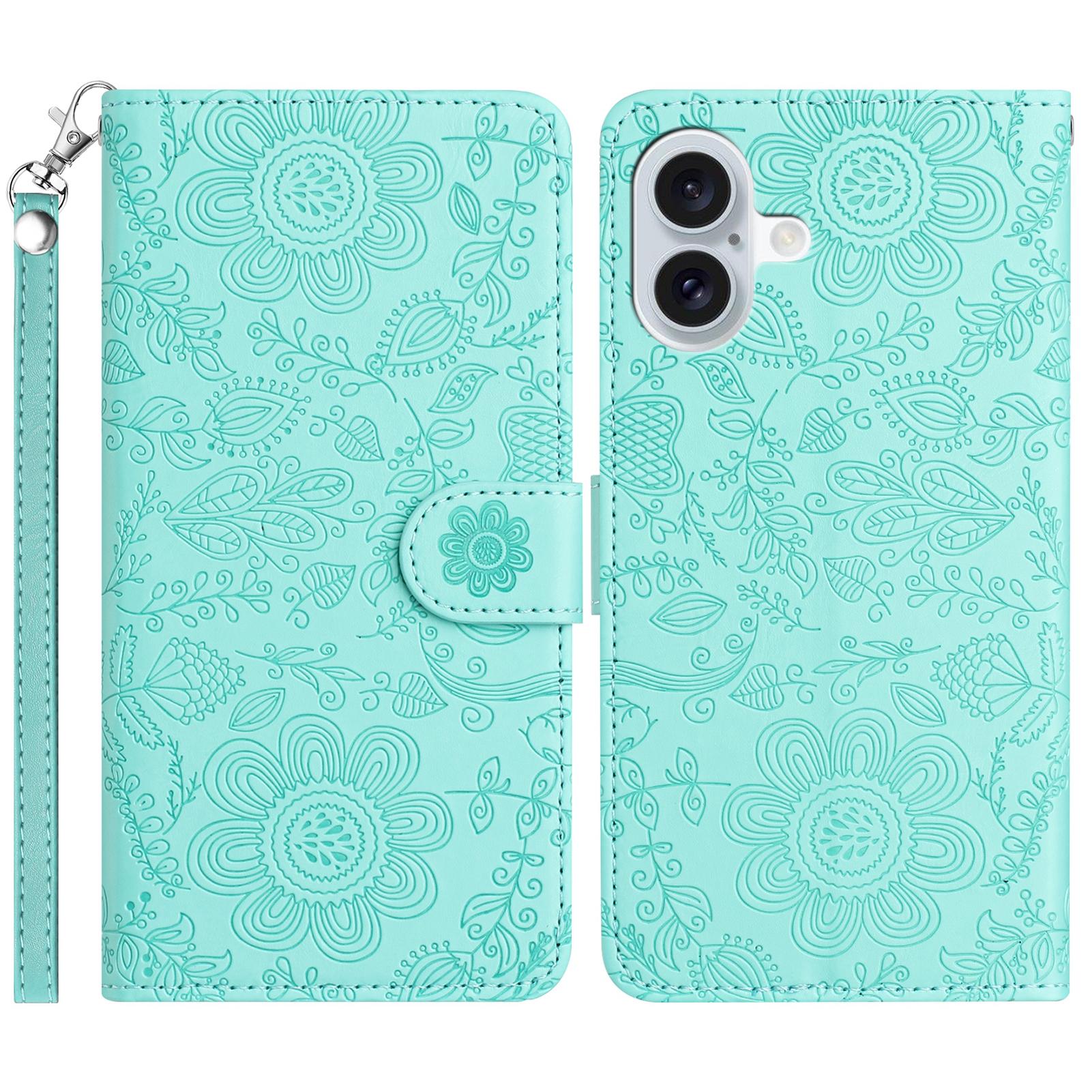 

For iPhone 16 Plus Case Flower Imprint Leather Flip Wallet Phone Cover with Wrist Strap Light Green