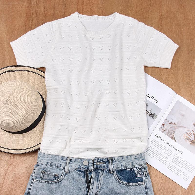 Dámský podzimní a zimní jednobarevný pletený volný svetr s kulatým výstřihem a krátkým rukávem