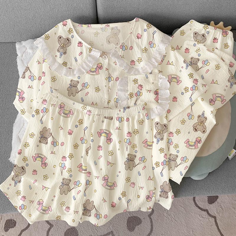 Bear Birthday Party Cartoon Cloud Cotton Summer Doll Collar Lace Pajamas Women'S Three-Piece Set