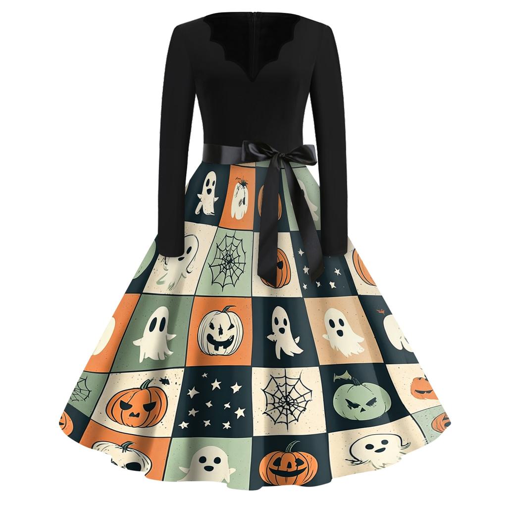 Women Casual Halloween Print V Neck Vintage Dress Long Sleeve Retro Style A Line Skater Dress with Waist Tie for Seasonal Events