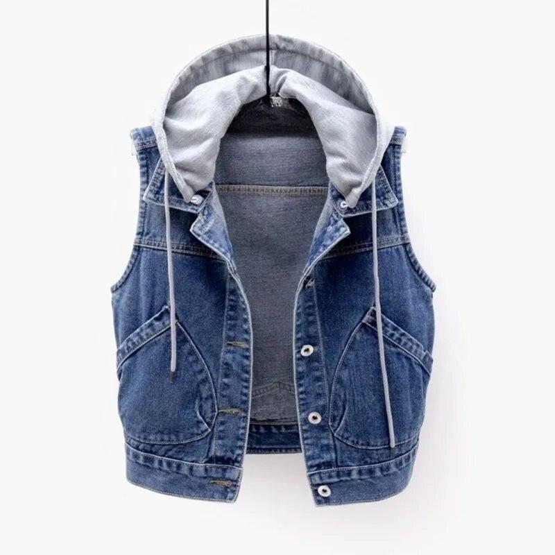 Gilet di jeans da donna Primavera Autunno Abiti senza maniche Top selvaggi Giacca corta con cappuccio Donna Gilet di jeans denim Giacca femminile