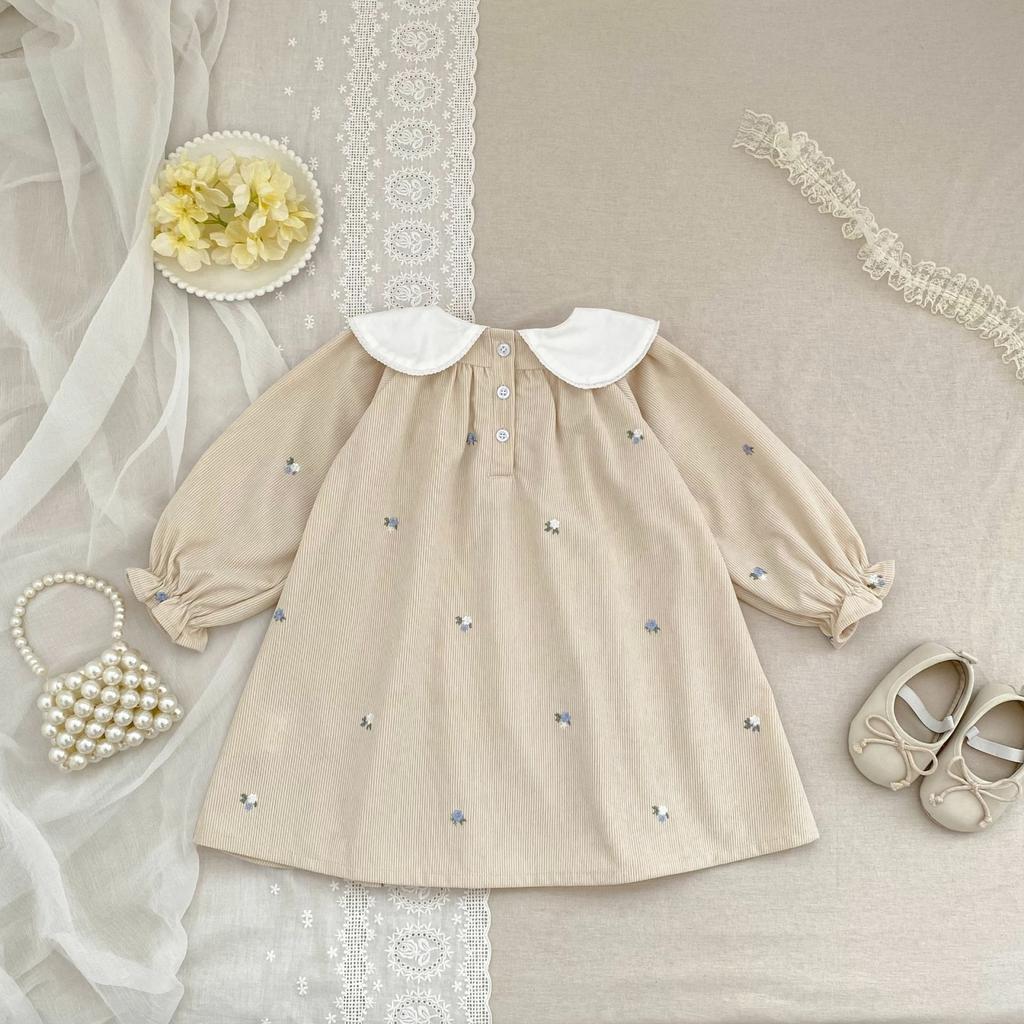 Girls Corduroy Dress with Long Sleeve and Embroidered Collar for Spring and Casual Wear